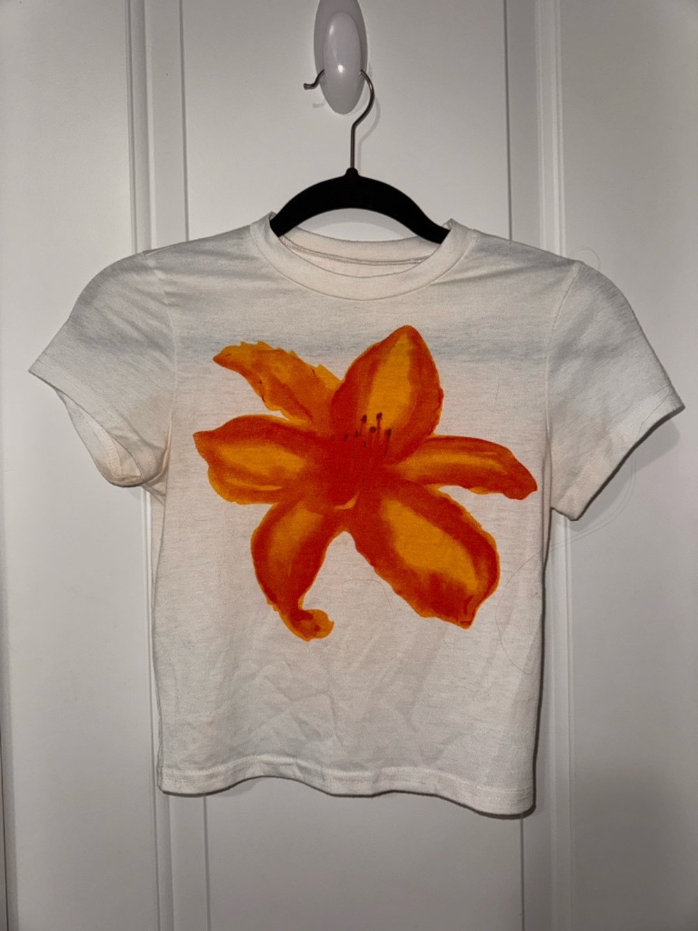 Women’s SHEIN White Cropped Tee with Orange Flower Graphic